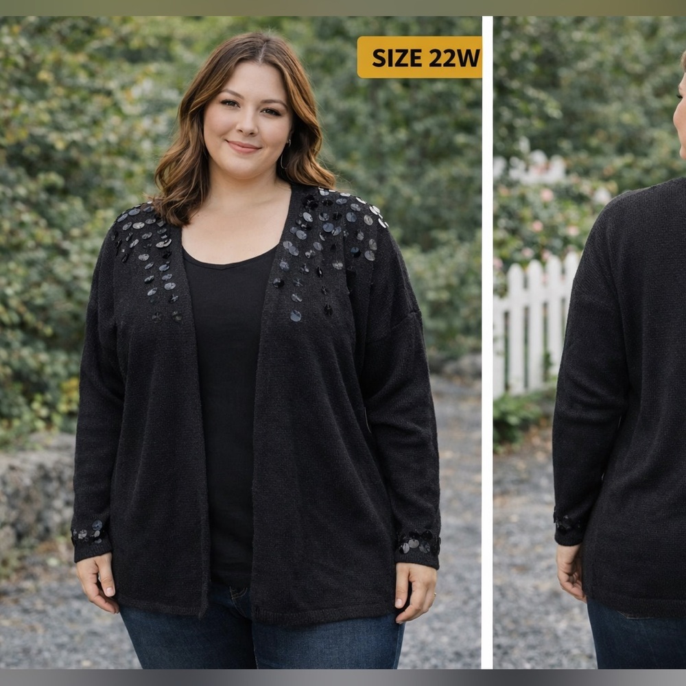 Plus Size Black Sequin Accent Open Cardigan Sweater size 22W